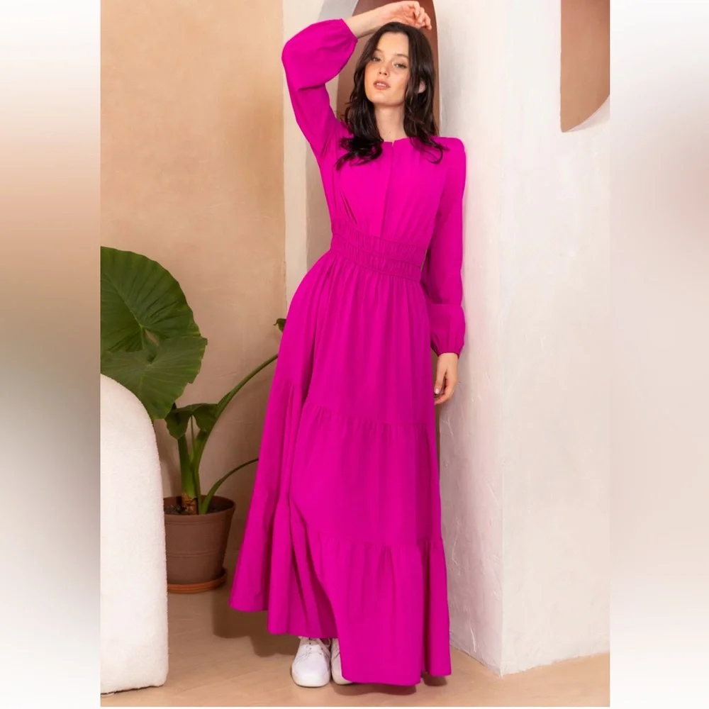 13 Boho Barbie Pink! Beautiful Tiered Long Sleeve Maxi Dress - Picture 1 of 4